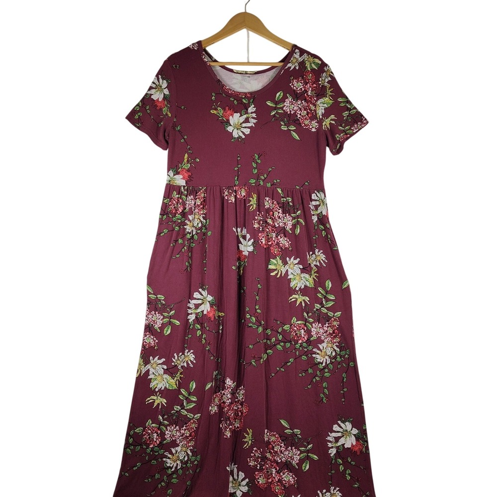 VIISHOW Burgundy Floral Maxi Dress Short Sleeve Empire Waist Pockets 2XL